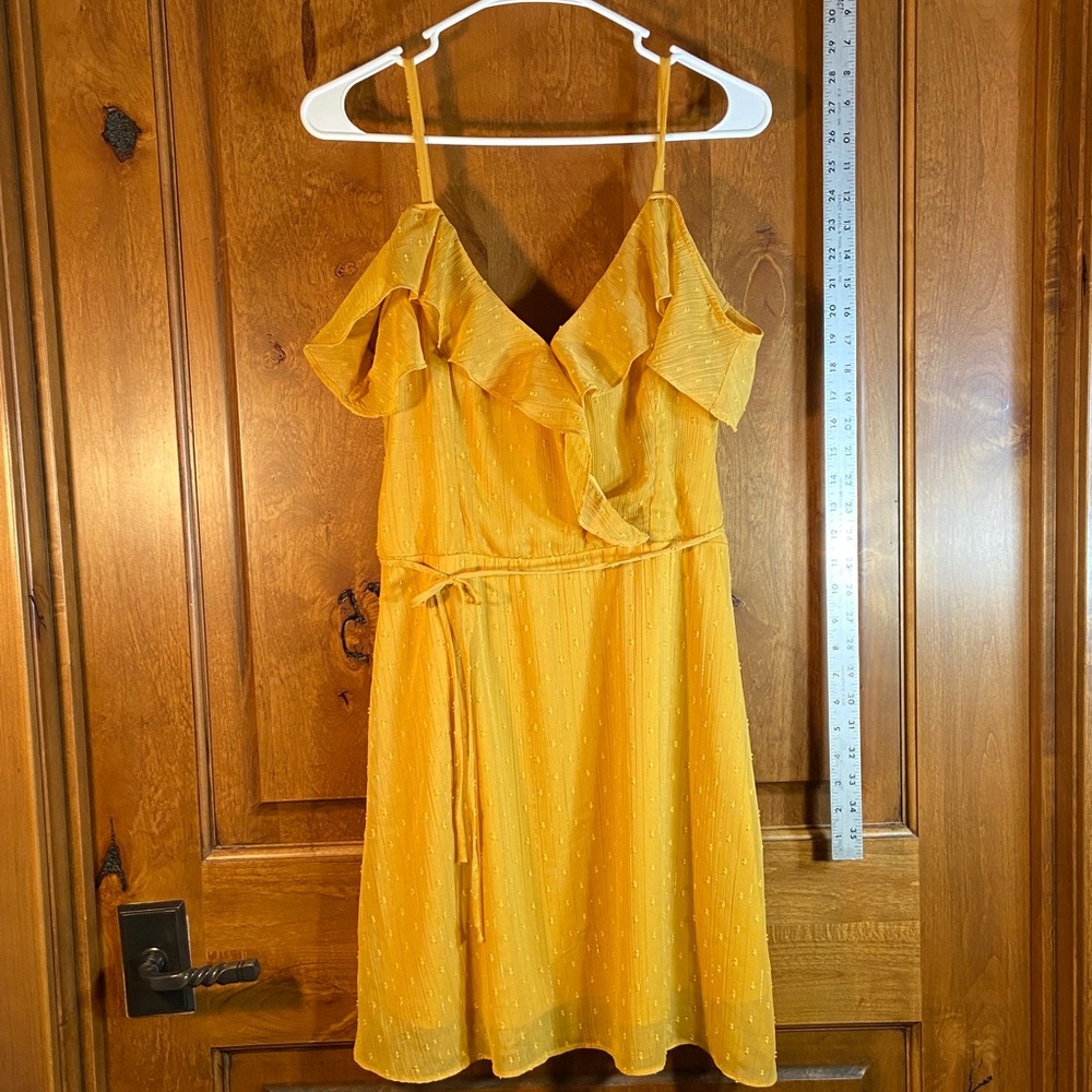 Ladies BCX Ruffled Front Mustard Yellow Dress with Straps. Size L, Sheer & Lined